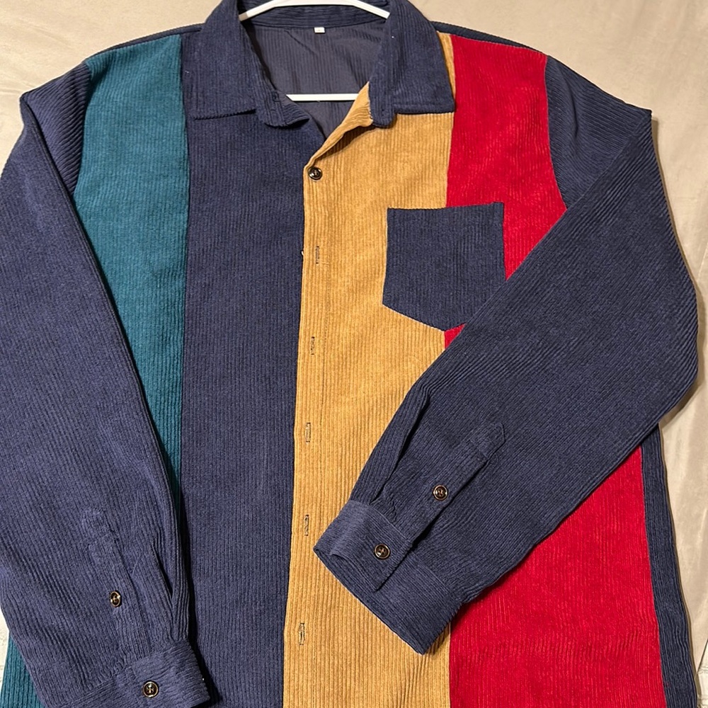 Color Block Patched Pocket Corduroy Shirt (Navy, Red, Green, and Tan)